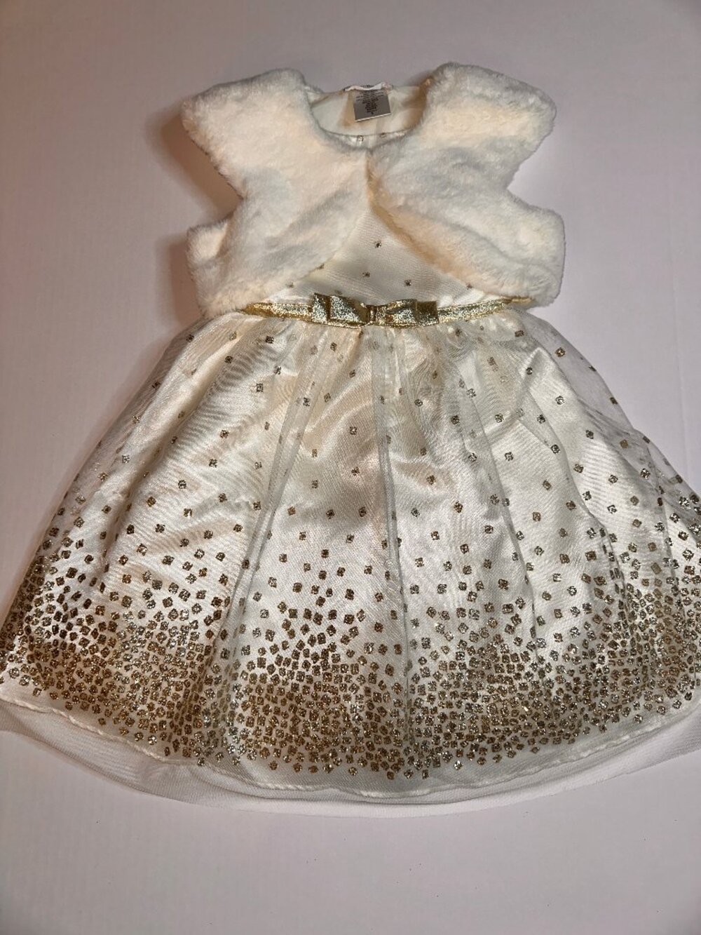 Girl's Ivory & Gold Holiday Wedding Dress w Fur Shrug sz 5 Jona Michelle #657